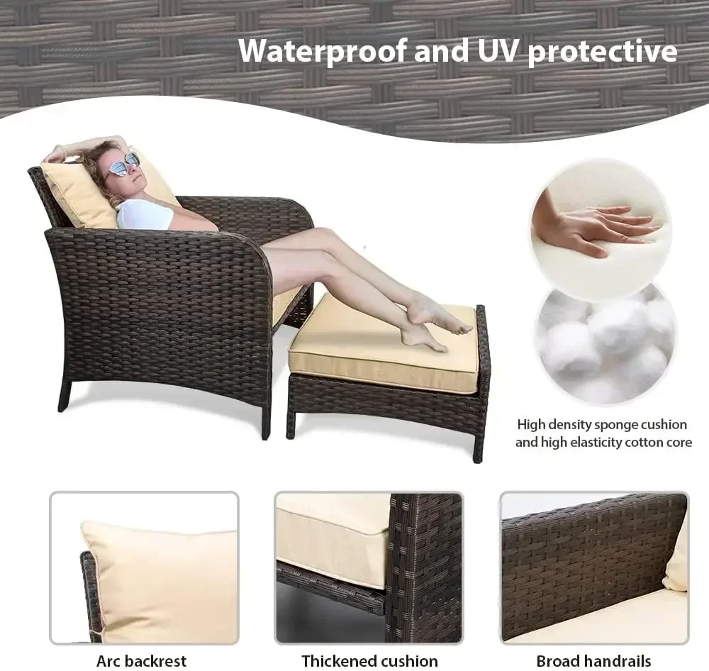 XMSJ.Balcony Furniture مجموعة محادثة للفناء مكونة من 5 قطع، كراسي صالة خارجية مع وسائد ناعمة 2 طاولة عثمانية وزجاجية للشرفة