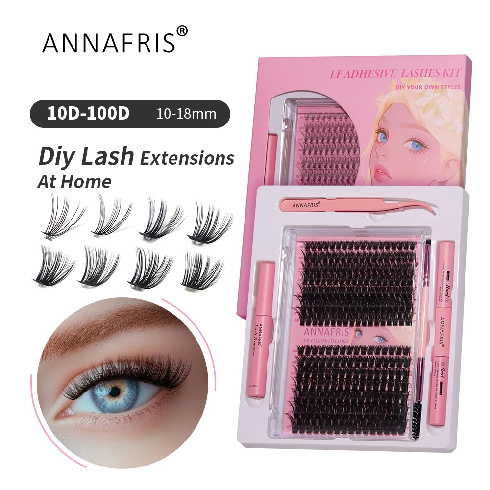 ANNAFRIS DIY Eyelash Extension Kit 10D-100D Fake Eyelashes Set with Bond and Seal Tweezers Individual Lashes Clusters Makeup