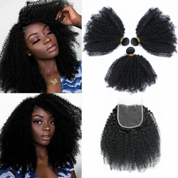 Bundles de tissage de cheveux humains bouclés avec fermeture à lacet, Afro Kinky, Mongol, Remy, 4B, 4C, 4tage, 13tage