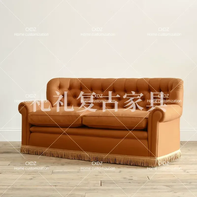 Retro Fabric Sofa Solid Wood Frame Tassel Decor 3 Seater Straight Couch for Villa Living Room American Country Style