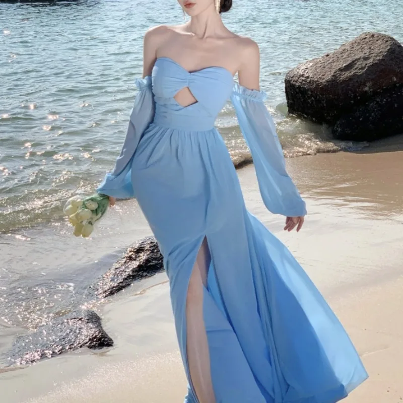 Blue Vantage Dress for Women Summer Vacation Slash Neck Bodycon Dress Female Party Strapless High Waist Clothing Beach