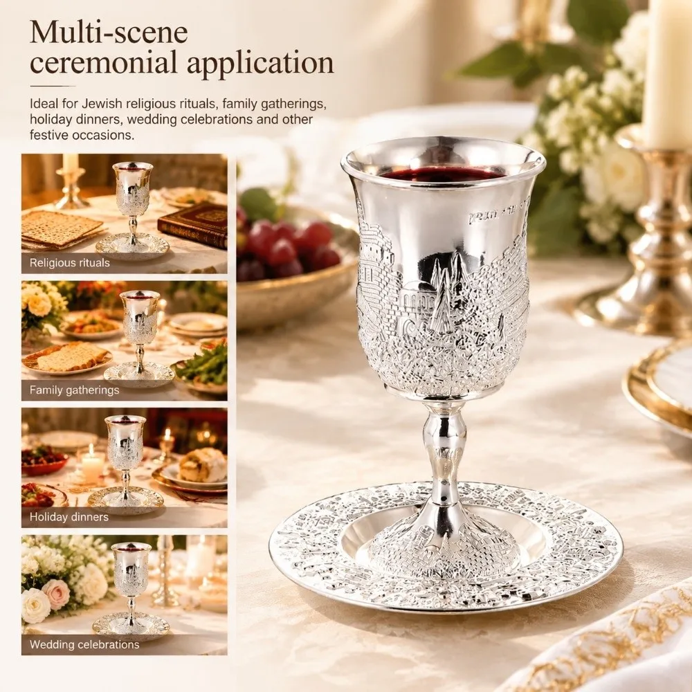 Decorative Zinc Alloy Kiddush Cup Set Silver European Style Ceremonial Cup Set with Tray Elegant Wine Cup Set Wedding Ceremonies