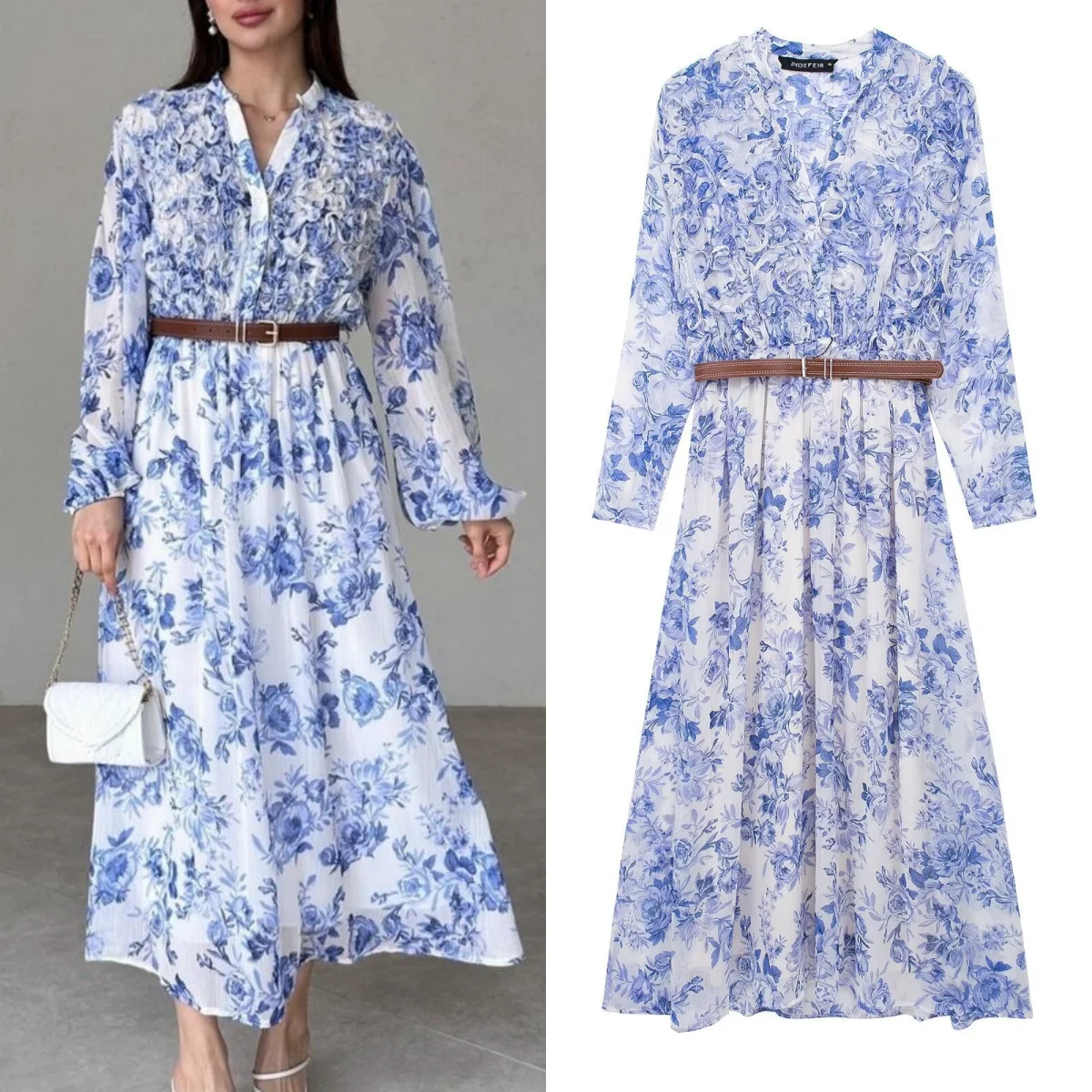 

TRAF Women Floral Print Mini Lace Dress Ruffled Belt Maxi Dress Women Long Sleeve Elegant Evening Dress 2024 Summer