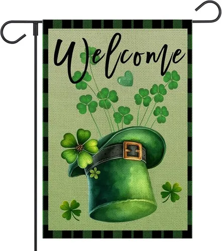 St Patricks Day Garden Flag Double Sided Green Buffalo Plaid Hat, 12x18 Inch XXQ