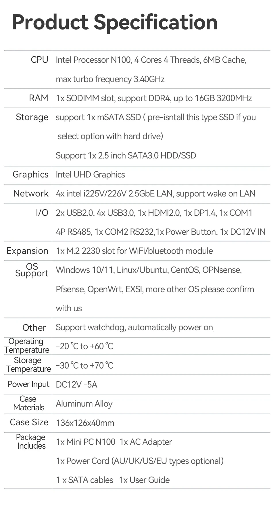 Industrial Mini PC Firewall Intel N100 Processor DB9-RS232 RS485 4x 2.5G i226V Ethernet 6xUSB HDMI DP M.2 WiFi Slot