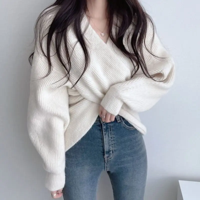 Suéter cruzado coreano Chic para otoño e invierno, Tops tejidos de manga larga con cuello en V, prendas de punto de Color sólido a la moda para señora nueva 2023