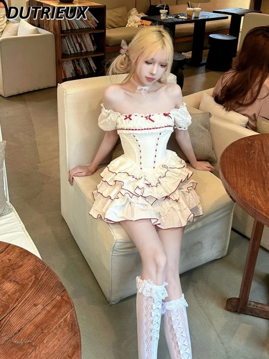 

Sweet Cute Lolita Style Casual Short Dress Summer Bubble Sleeve Bow Splicing Lace Waist Fashion Elegant Dresses for Women