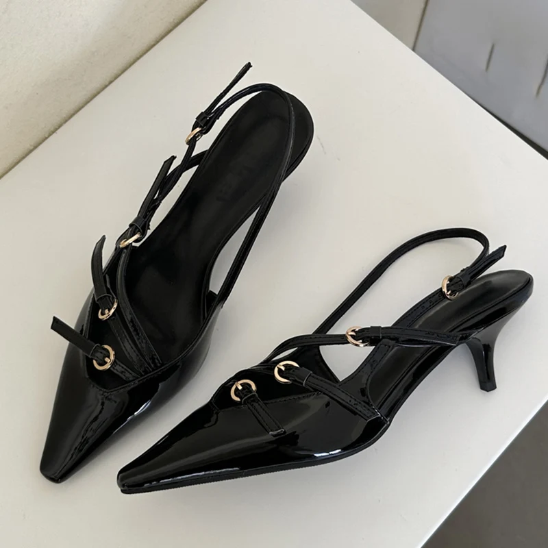 Designer Narrow Band Buckle Strap Pumps Women Sexy Pointed Toe Thin Heels Wedding Banquet Dress Mule Ladies Med Heels Shoes