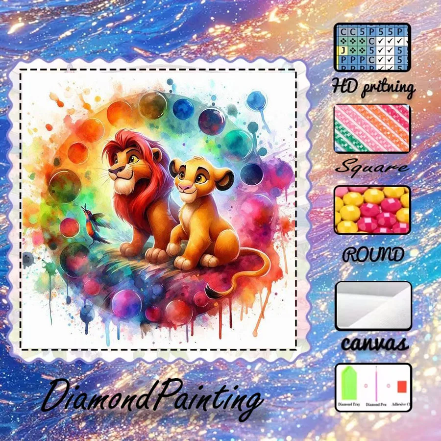 1 Stück - Potdemiel-5D-DIY - Beflockter Stoff - Spezialbohrer - Diamantmalerei-Set - König der Löwen, Regenbogen - Diamantkunst