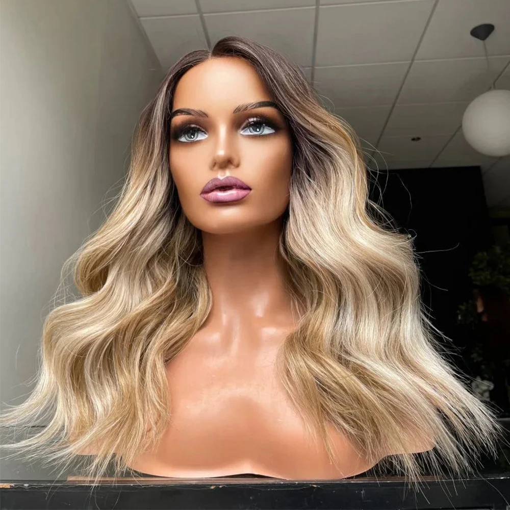 

Golden Sunkissed Blonde Ombre Hair 150% Density Virgin Human Hair Babylights Balayage Roots Wig Premium Hair Lace Front Wig 16"