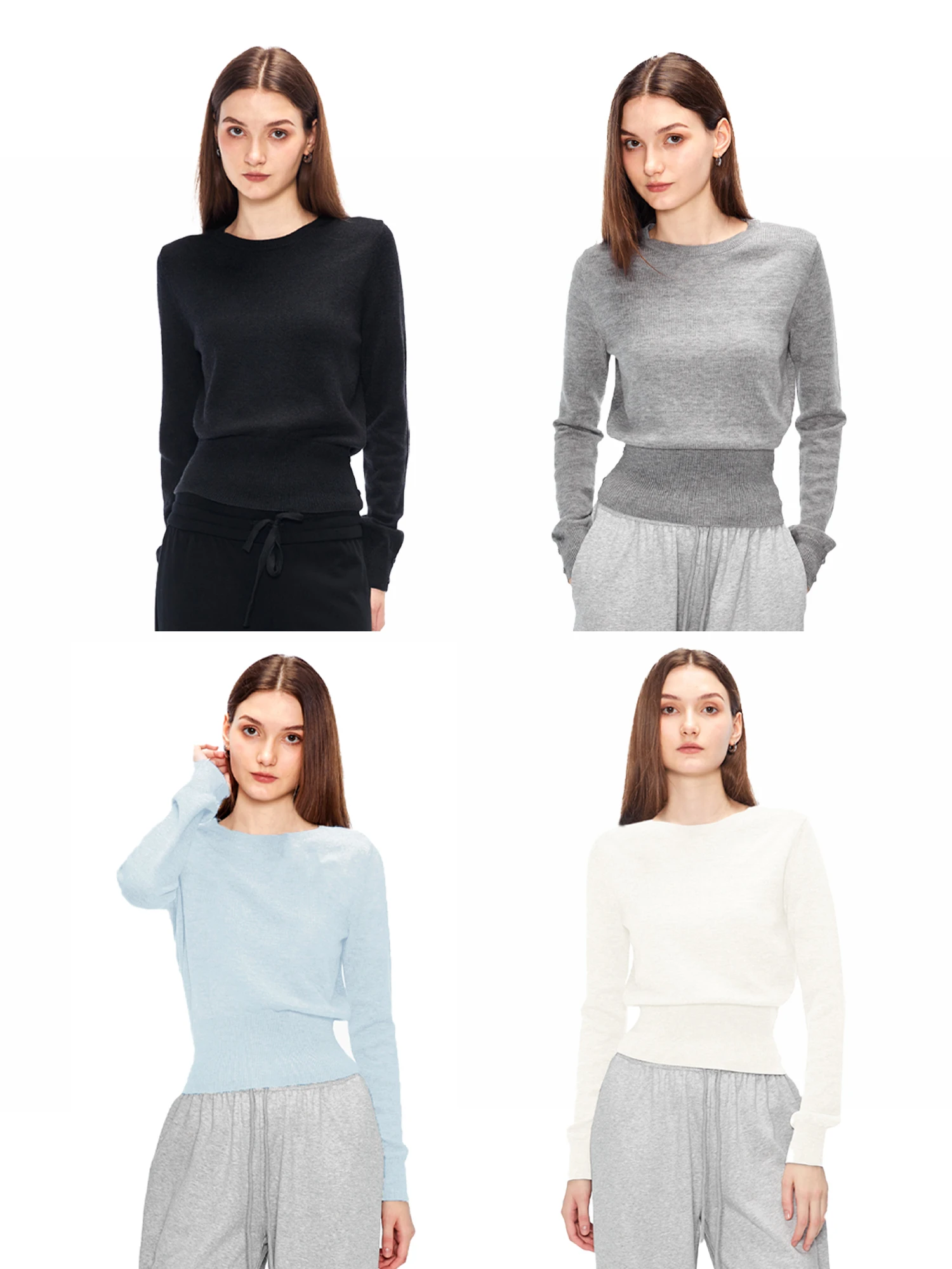 

SUNDAYAM Silk Wool ort Knitted Sweater Slim Fit Waist-Cinching Long Sve round Ne Top Casual Sle Autumn Faion