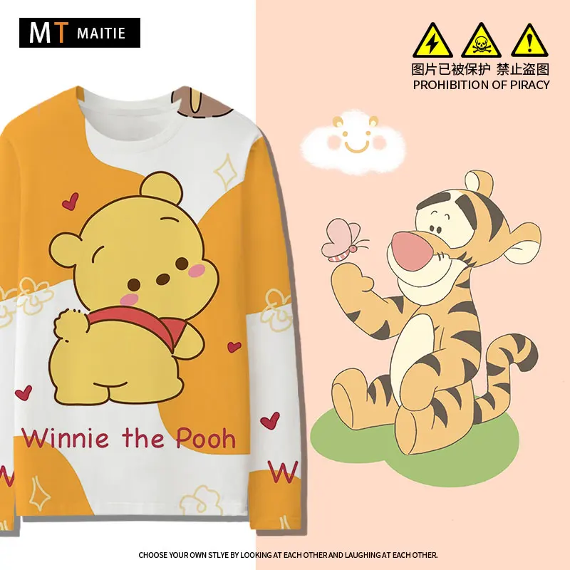 Winnie Bear Jumping Tiger Long sleeved T-shirt Women's Autumn Loose Anime Top Children's Disney Co branded Clothing Trend