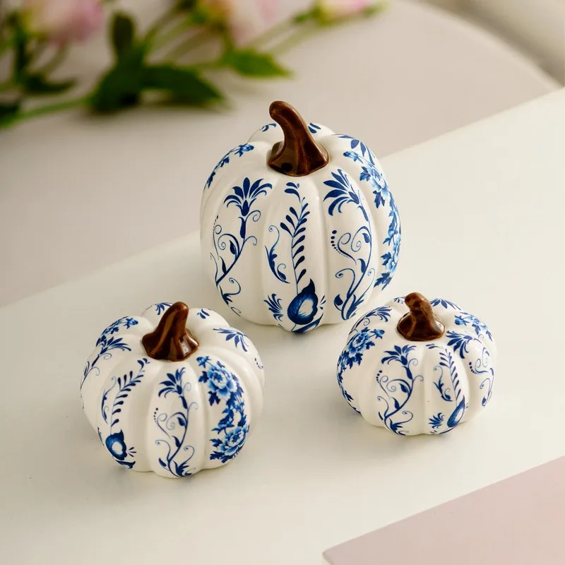 

Nordic Creative Blue and White Porcelain Pumpkin Decor Ceramic Crafts Living Room Entrance Desktop Home Decoration Ornament