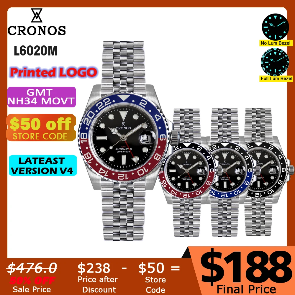 

Cronos GMT NH34 Automatic Men Watch Bidirectional Bezel Sapphire 20 ATM Solid 5 links Metal Bracelet BGW-9 Lum lateast Version