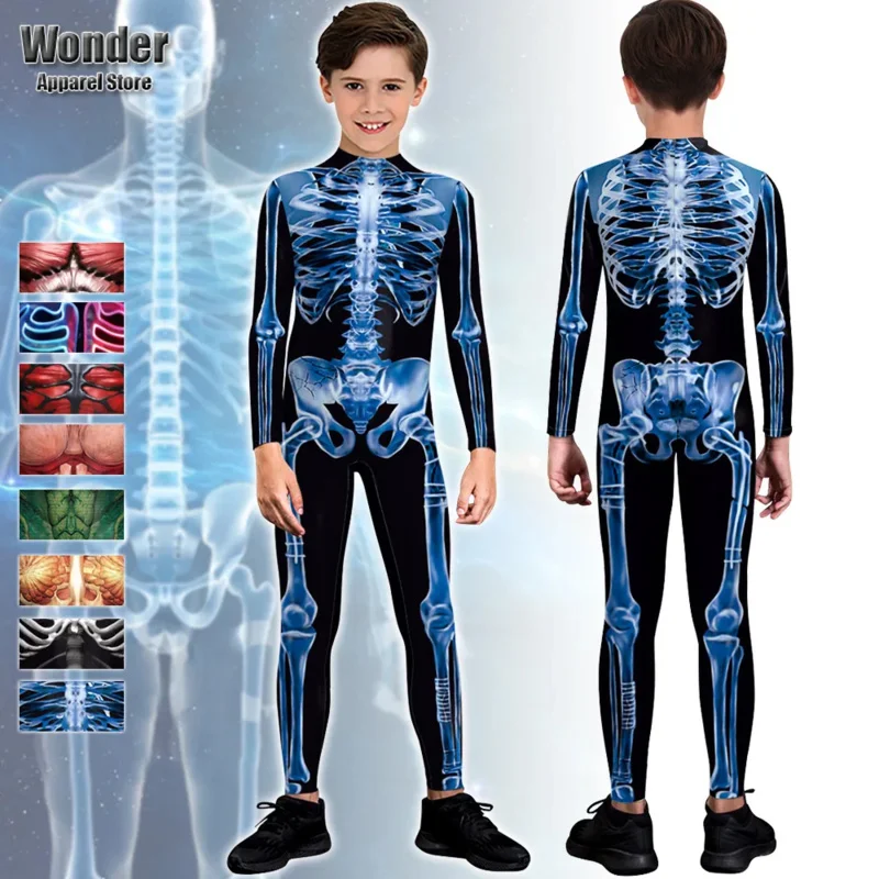 Boys Girls Human Body Skull Skeleton 3D Printing Jumpsuit Kids Halloween Cosplay Costumes Party Role Playing Dress Up Outfit MS4