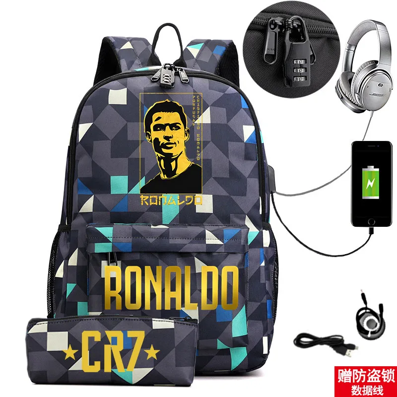 Ronaldo printed backpack casual student school bag usb bag with lock outdoor travel bag computer bag pencil case 2-piece set