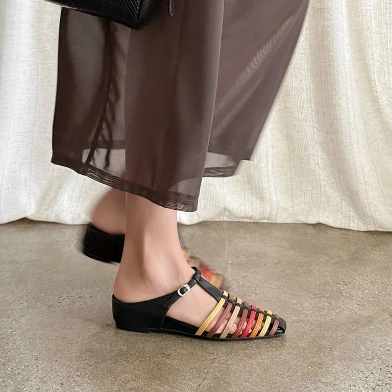 Woven Roman Mules Cow Leather Pig Lining Sheep Insole TPR Sole Breathable Open Strap Summer Daily Women Closed Toe Slippers F151