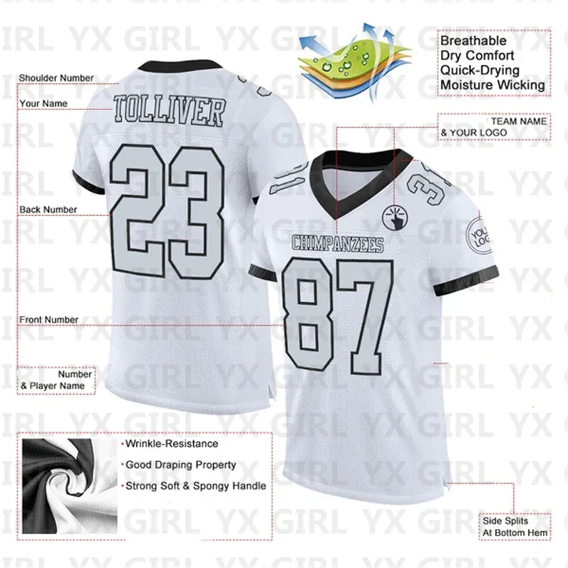 Custom White Silver-Black Mesh Authentic Football Jersey Personlized Team name and you name number V-Neck Football T-Shirts