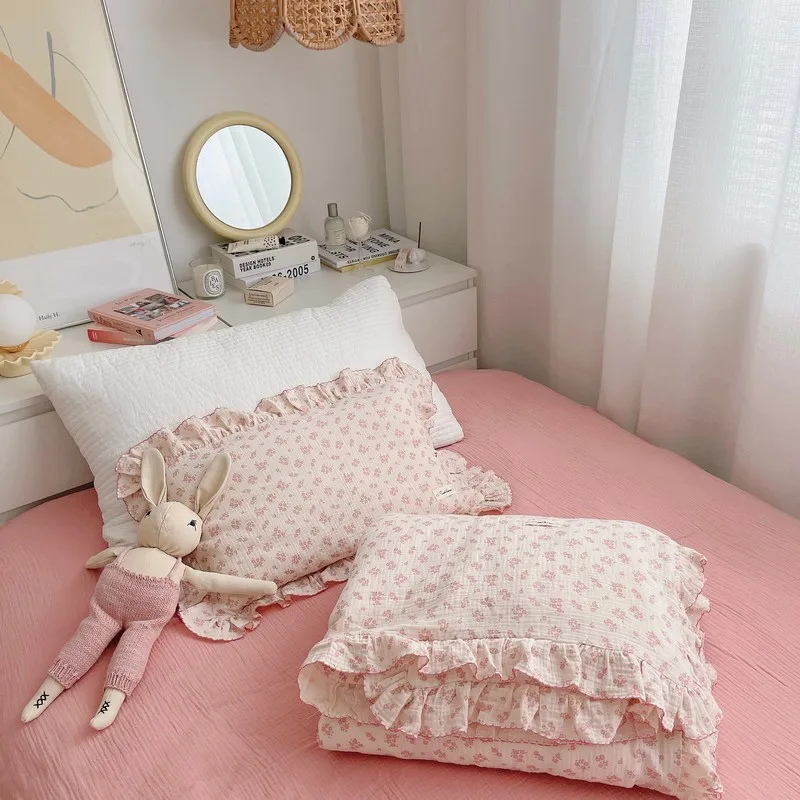 Korean Vintage Floral Printed Ruffled Cotton Baby Duvet Cover Kids Children Infant Cot Crib Duvet Covers Quilt Cover Bedding