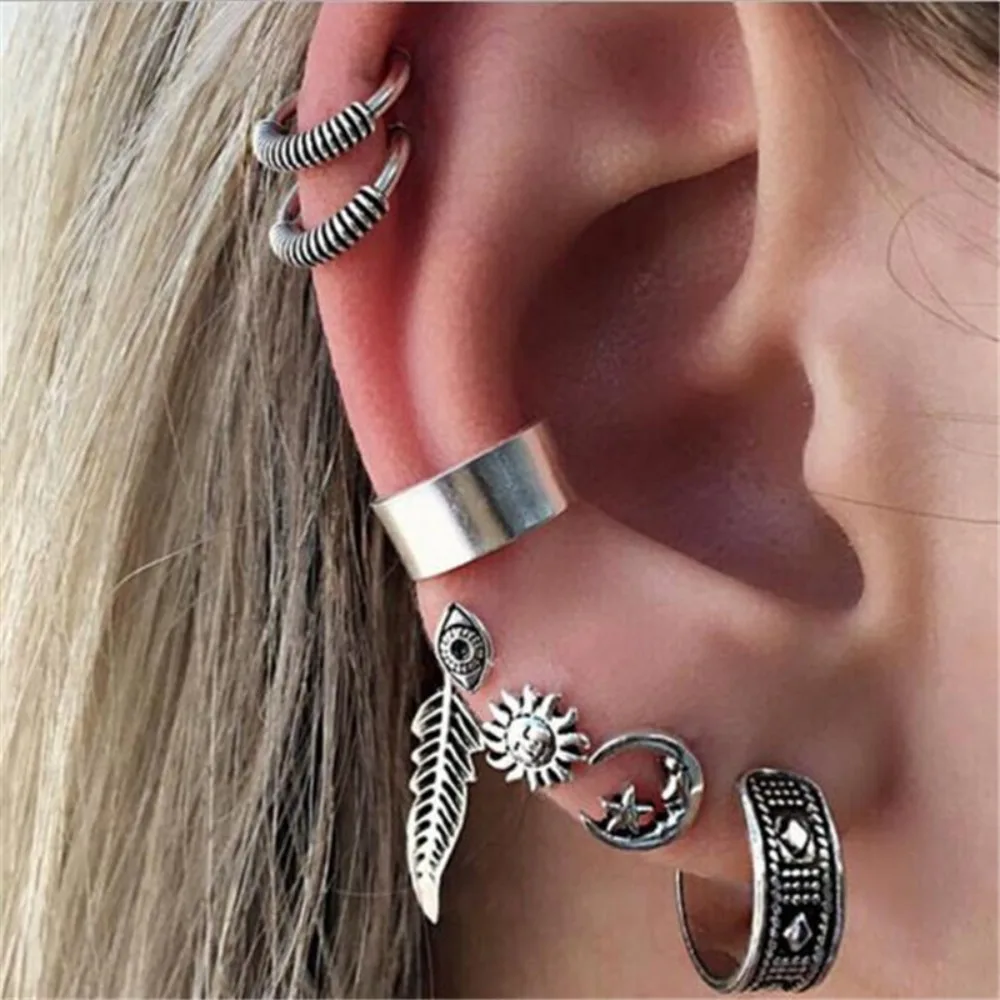 1set Bohemian Vintage Leaf Sun Moon Set of Earrings - Seven-piece Set