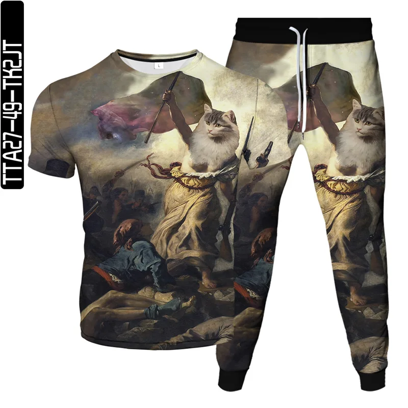 Animal Cat Oil Painting Adam And Eve Picture Garden Of Eden Print T-Shirt Pants 2Pcs Set Clothes Men Women Tracksuit Size S-6XL