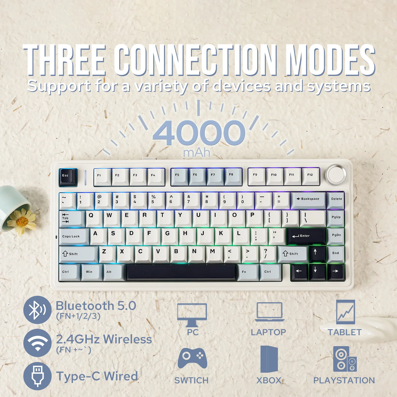 EPOMAKER X AULA EA75 MAX Draadloos Gaming Toetsenbord met Scherm & Knop, 5000mAh, Hot-Swap, RGB-verlichting, PBT, Creamy Gasket, 75% Mechanisch Toetsenbord,US-indeling (Zwart, Silent Switch