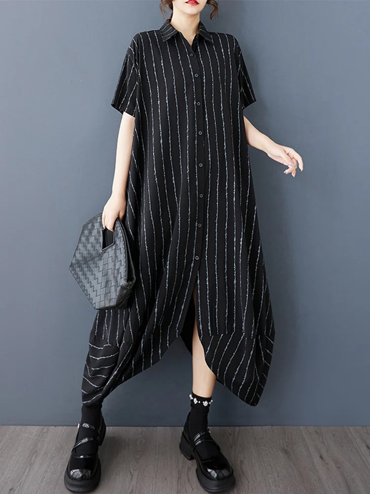 Abiti camicia oversize vintage a righe irregolari per le donne Estate nuova manica corta allentata abito lungo casual abbigliamento elegante 2025