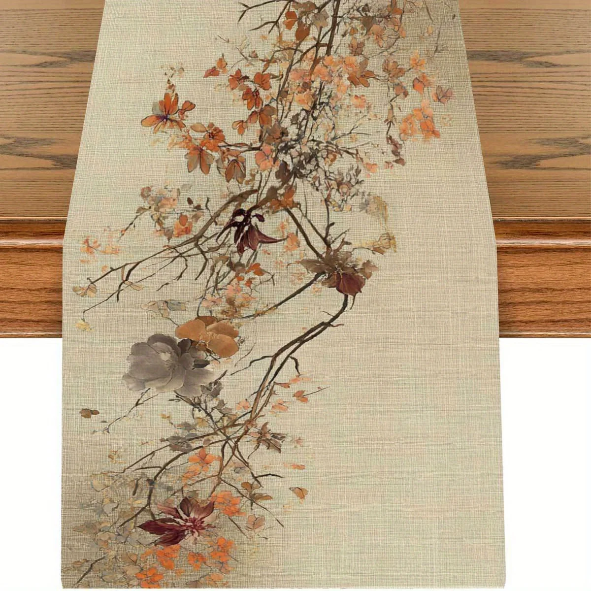 Vintage Floral Branch Table Runner - Beige Linen Texture wit