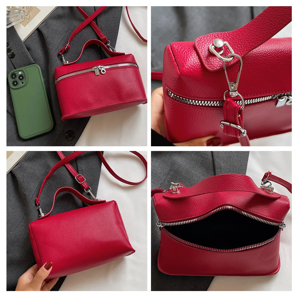 Minimalist Trend Solid Color Box Bag Litchi Pattern Portable Carrying Crossbody Bag Daily Commuting Versatile Square Bag - view 3