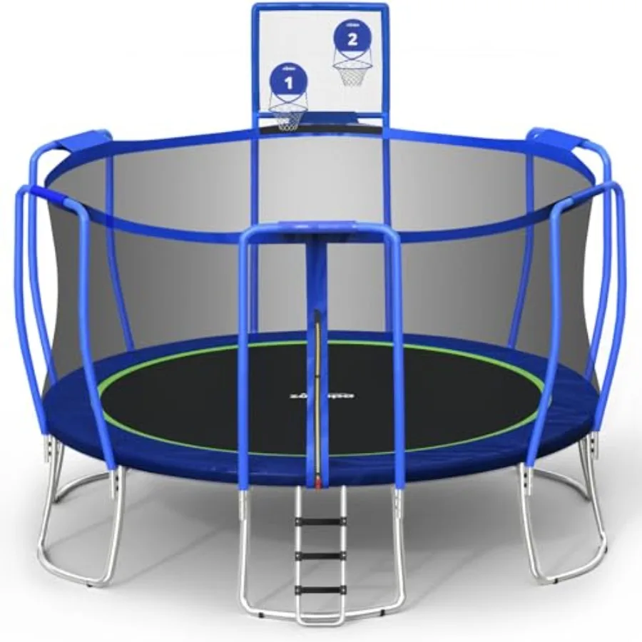 

Outdoor backyard trampoline with 1800LBS capacity no-gap design safety enclosure net non-slip ladder 10-year warranty ideal for