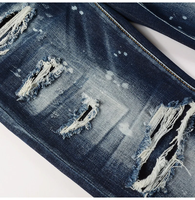 Herren Jeans mit Löchern und Patchwork-Design, Streetwear, dunkelblau, Stretch-Hose, bemalte Skinny Tapered Hose – Detail 9