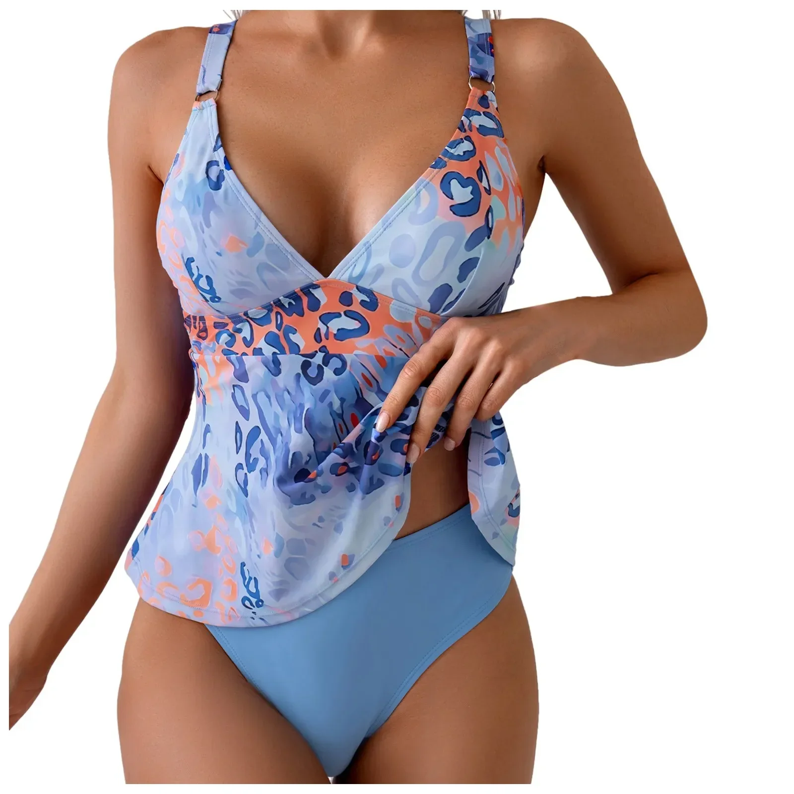 Moda donna bikini a vita alta con scollo a V cinturino sexy stampato top pantaloni a triangolo solido tankini set a due pezzi trajes de baño mujer