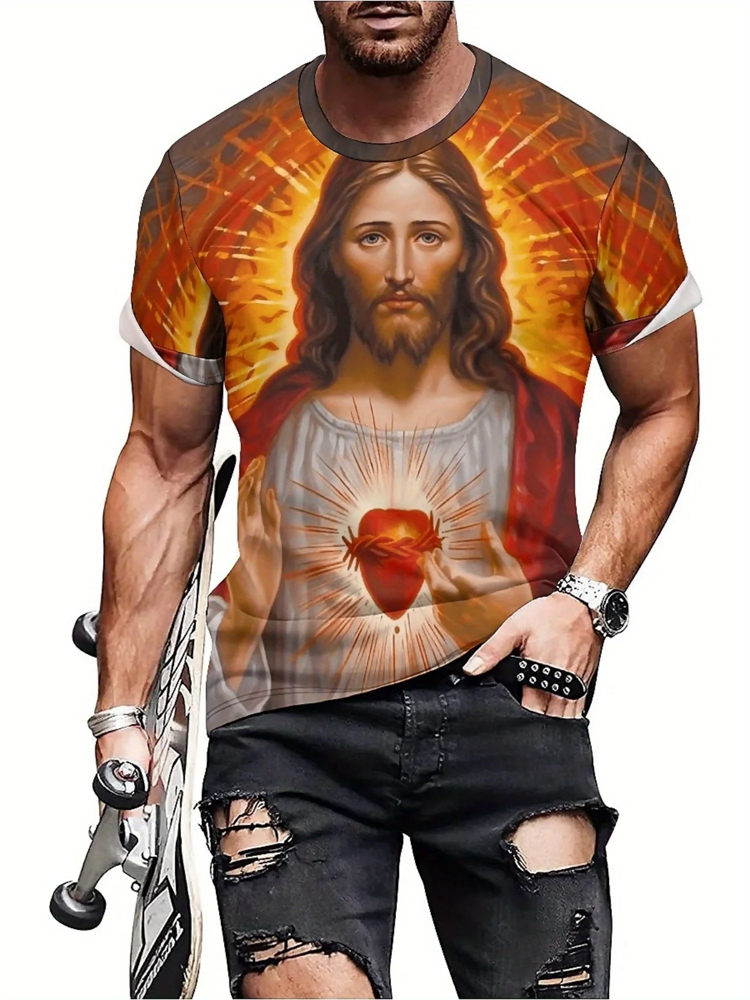 تي شيرت برسومات "Jesus" للرجال - طباعة ثلاثية الأبعاد، كم قصير، بوليستر، مريح ومتين، ملابس لجميع المواسم،