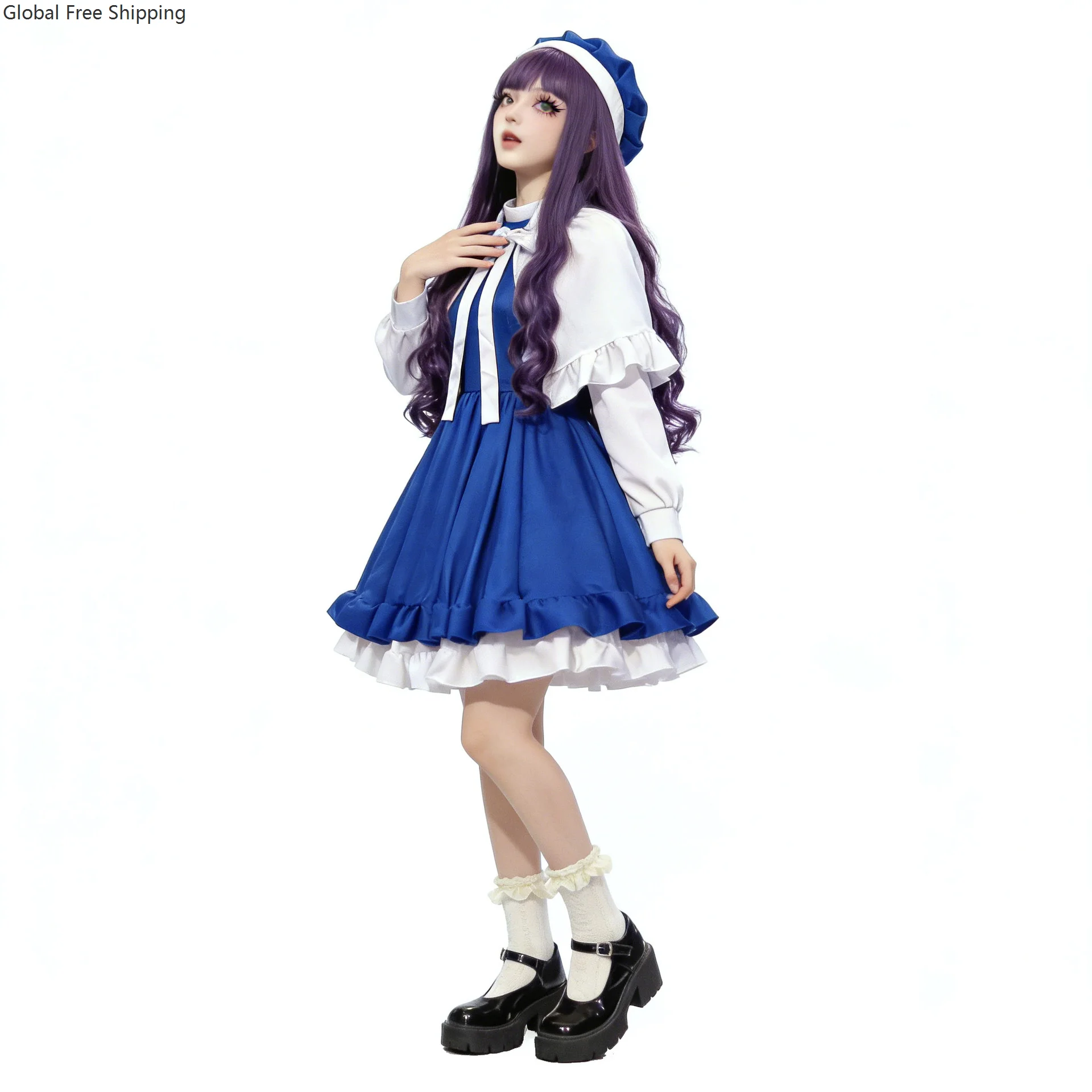 Anime Sakura Cosplay Costume Blue Dress White Cloak With Hat Full Set Maid Uniform For Women Role Play Outfit Theme Party Suit