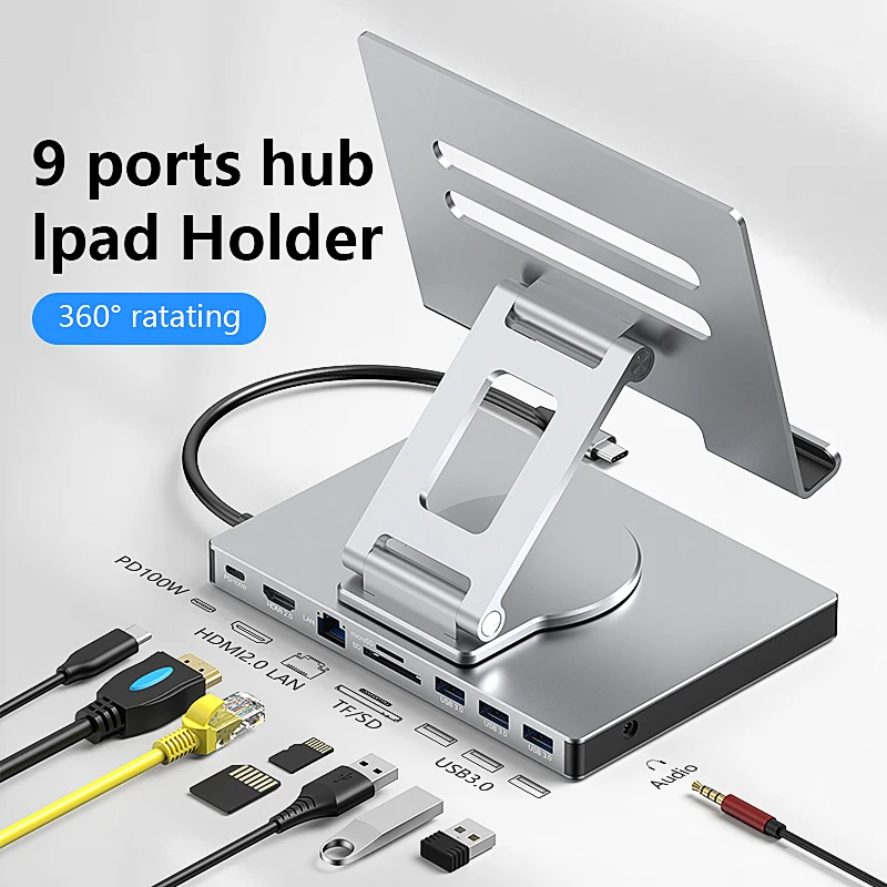 9 Port Docking Station Tablet Swivel Bracket Docking Station 4K60Hz Gigabit Ethernet Port USB3.2 Converter