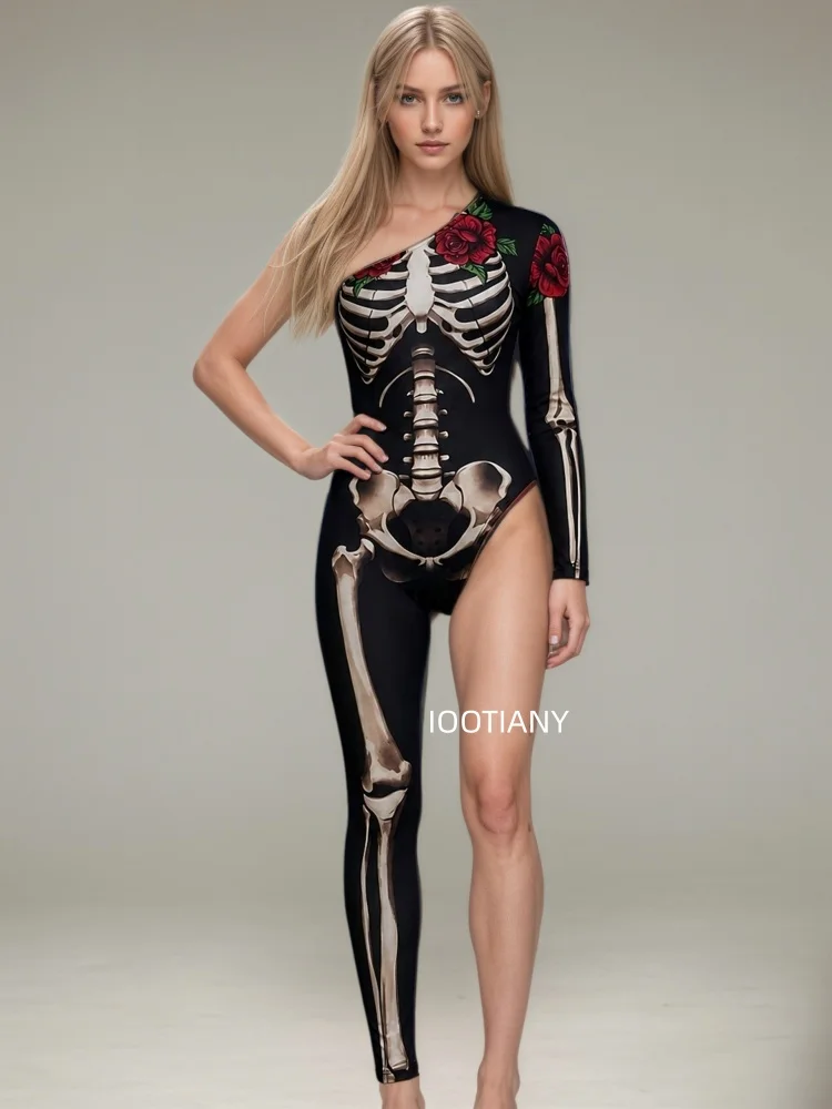 Gotischer Halloween-Skelett-Print-Bodysuit für Damen, One-Shoulder, einlanger Ärmel, asymmetrischer, enger Jumpsuit, Bühnen-Rave-Outfit – Detail 23