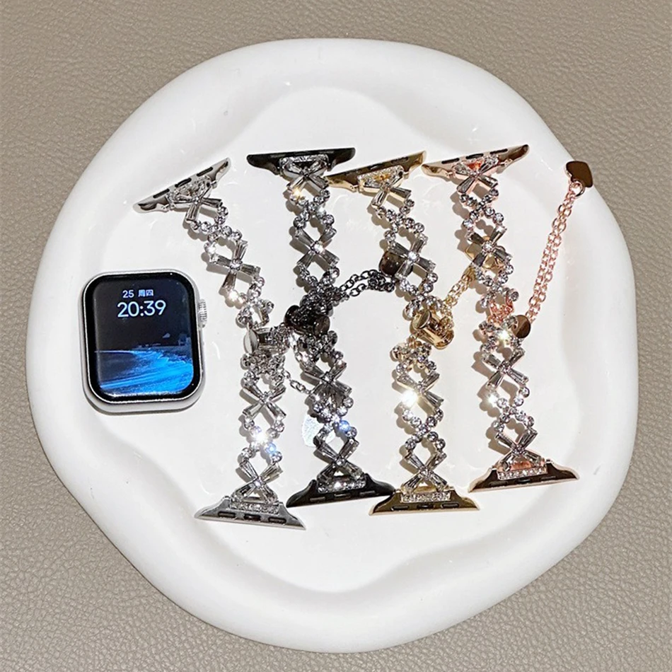 Strap For Apple Watch Band, 9, 8, 7, 6, SE, 5, 4, iWatch Ultra 2, 38mm, 40mm, 41mm, 42mm, 44mm, 45mm, 49mm, Bling luxuoso, diamante do brilho, bracelete do metal