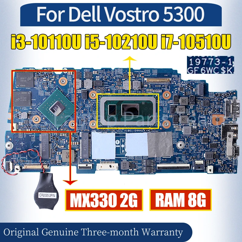 19773-1 For Dell Vostro 5300 Laptop Mainboard i3-10110U i5-10210U i7-10510U MX330 2G RAM 8G 100％ Tested Notebook Motherboard