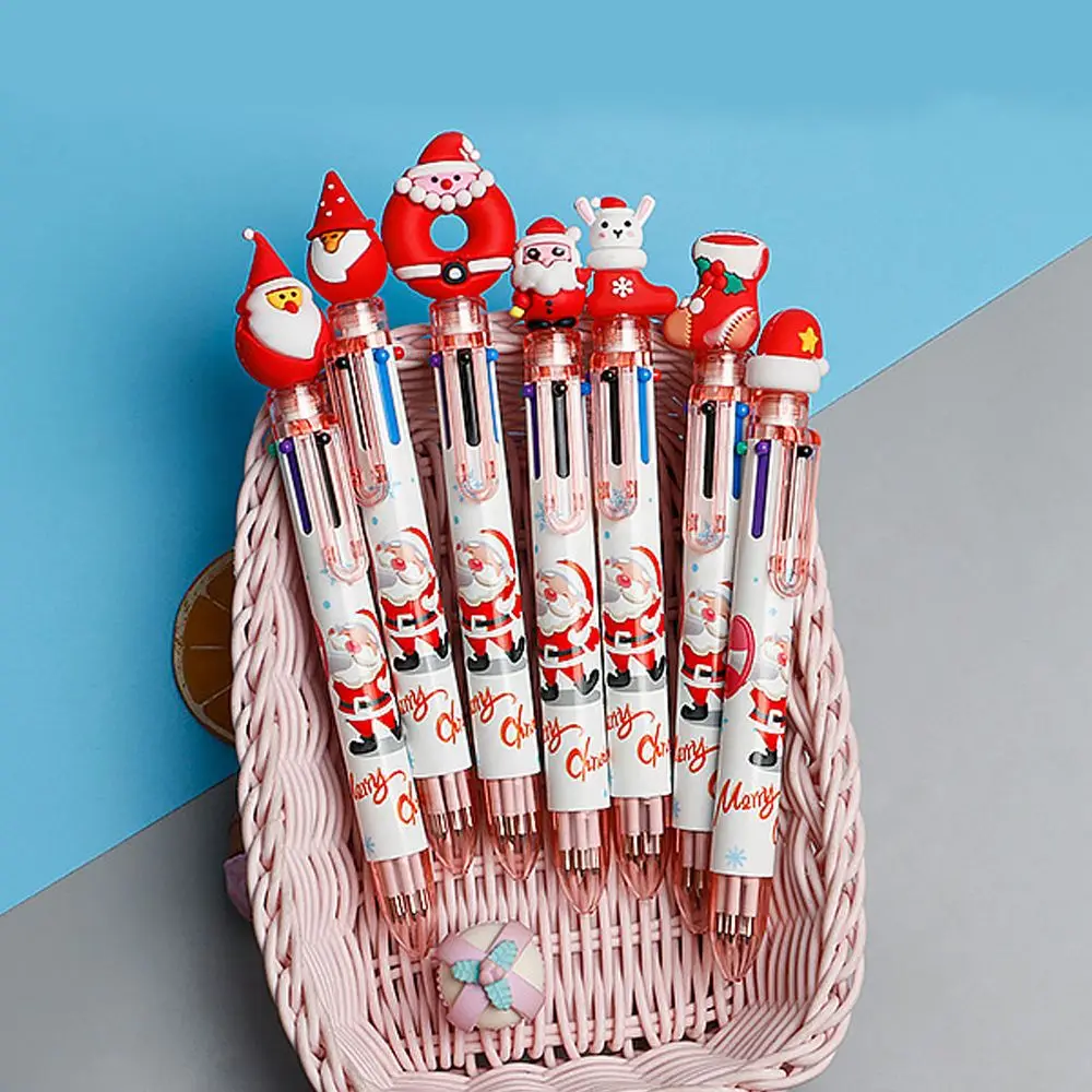 1PC Cartoon Xmas Tree Deer Elementary School Christmas Ballpoint Pen Six Color Pen Santa Claus Stationery