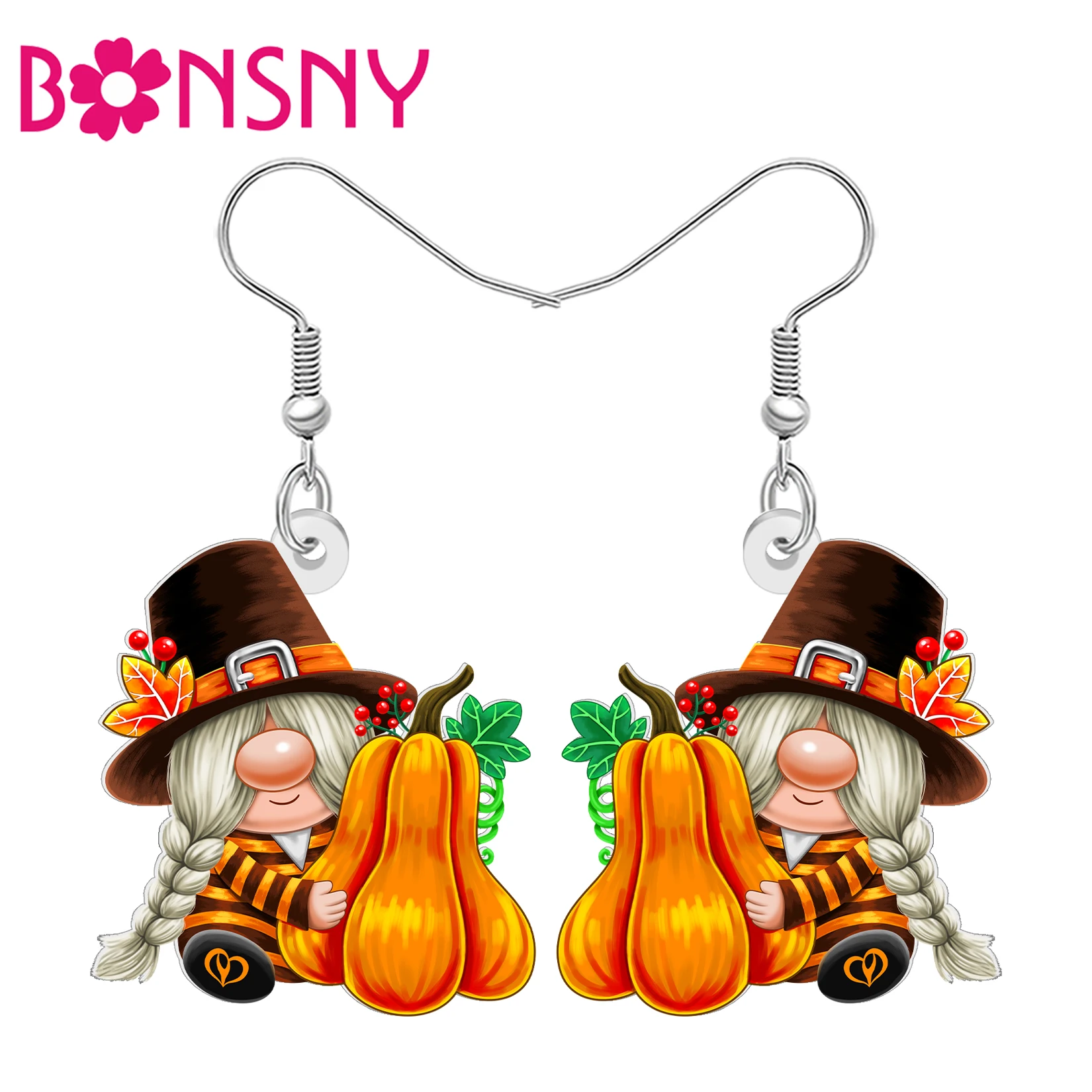 BONSNY Acrylic Thanksgiving Gnomes Dangle Earrings Fall Pumpkin Cute Dwarf Jewelry Thankful Gifts For Women Girls Harvest Charms