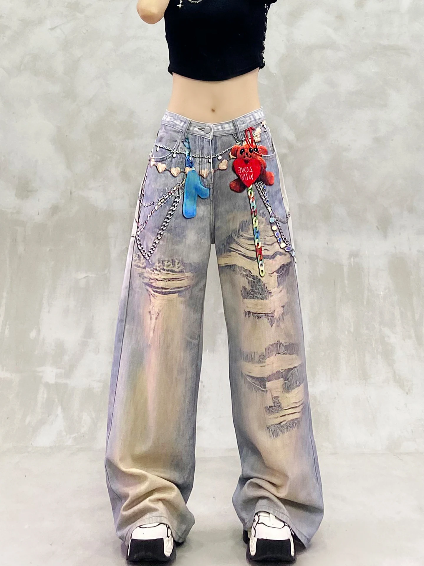 2025 Summer New Women's Stylish Printed Design Casual Jeans High Waist Loose Slimming Versatile Straight Wide-Leg Pants