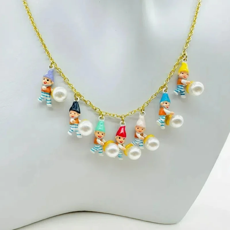 French Hand-painted Enamel Snow White Dwarf Seven-color Hat Holding Pearls Fairy Tale Character Element Charms Sweater Necklace