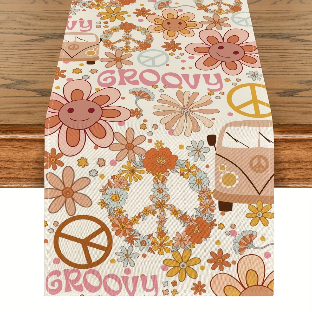 Hippie Daisy Flower Peace and Love Pattern Linen Table Runners Wreath Float Groovy Dresser Scarf Home Party Dining Table Decor