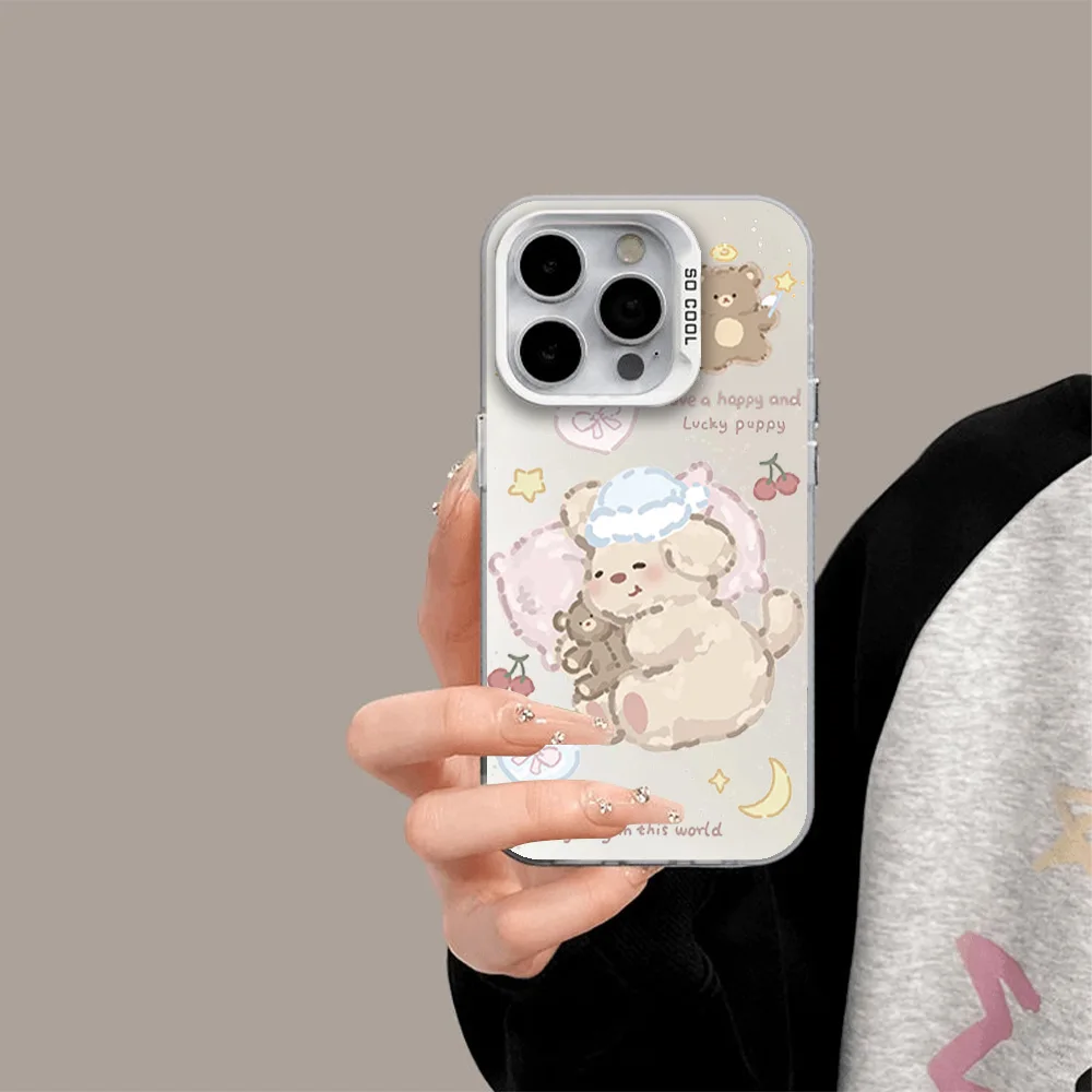 Cartoon Cute Sleeping Bear Hand Drawing Phone Case for IPhone 12 11 13 14 15 16 Max Pro Plus Laser Cover