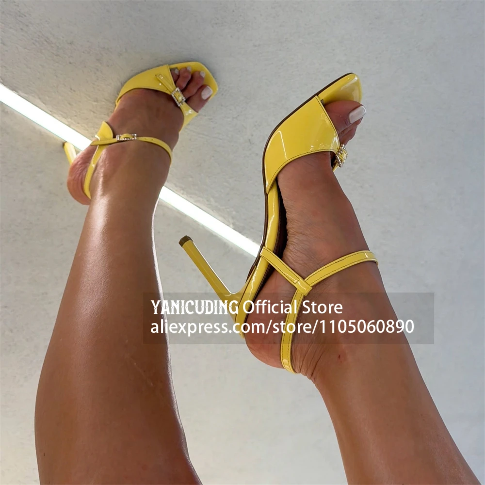 Square Toe Rhinestone Buckle Sandals Rhinestone Decor Ankle Strap Stiletto Summer Shoes Glossy Patent Leather High Heel Sandals