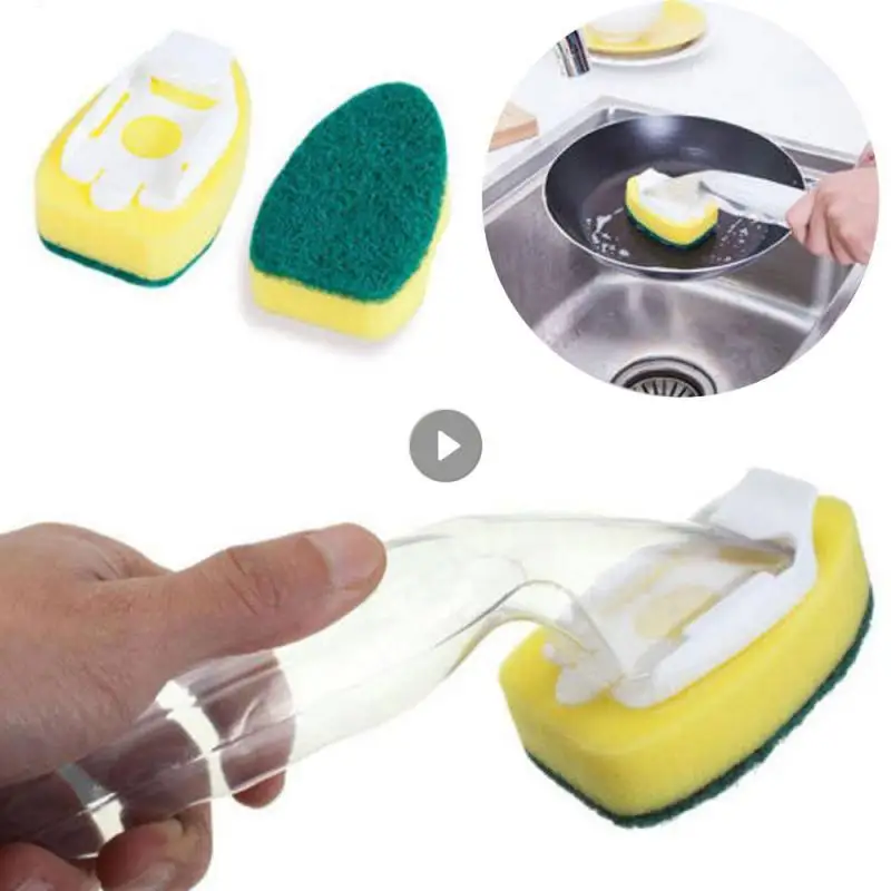 Cleaning Brush Handle Refillable Scrubber Kitchen Soap Dispenser Products Dish Washing Tool Replaceable Sponge Kitchen Organizer