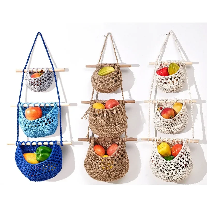 Removable Wall-Mounted Fruit Basket, 3-Layer Fruit Net Pocket, Simple Nordic Style Fabric Bag, Fruit and Vegetable Basket