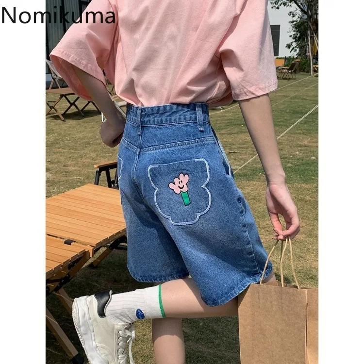 

Embroidery Jean Shorts Women High Waist Vintage Summer Y2k Wide Leg Pants 2024 New Bottoms Summer Pantalones Cortos De Mujer