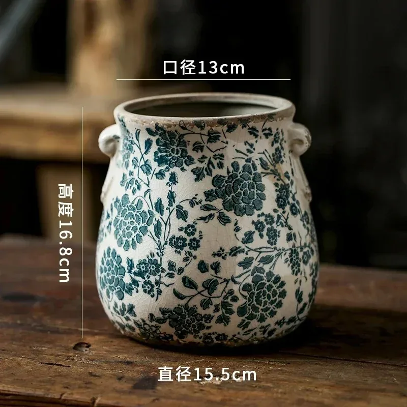 Vase Ceramic Binaural Vintage Flower Pot Hydroponic Vessel Succulent Creative Suitable for Living Room Garden Balcony Decoration