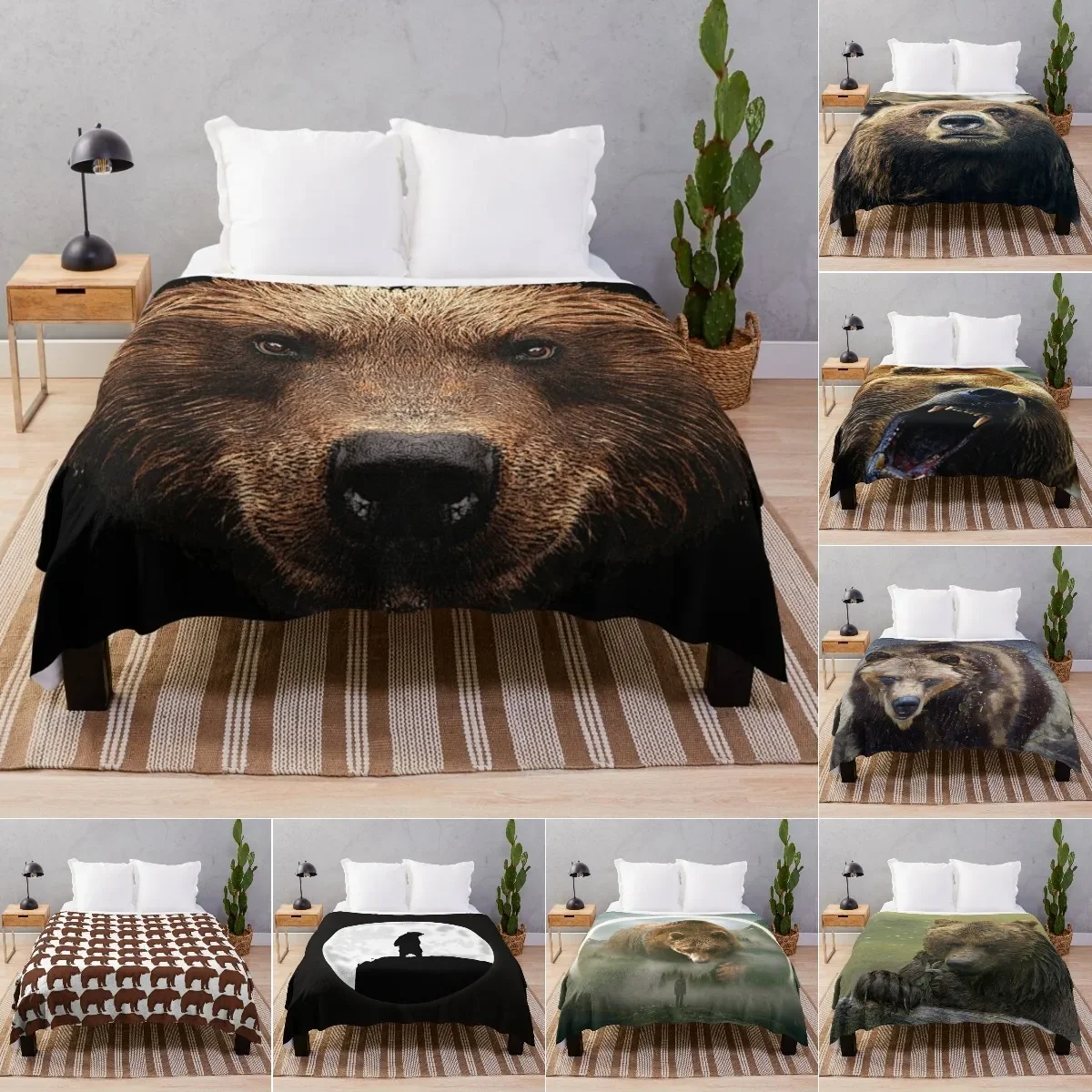 Grizzly Bear Print Pattern Fleece Throw Blanket, Lightweight Hypoallergenic Bed or Couch Soft Plush Blanket for Adults and Kids